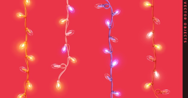 Ensemble De Guirlandes Décoratives De Noël. Décorations Du Nouvel An. Bandes Lumineuses Avec Lampes. Ampoule Led Néon. éléments De Conception De Noël. Objets De Fête 3d Réalistes Isolés. Illustration Vectorielle