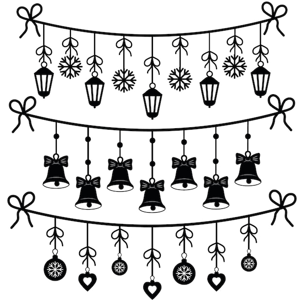 Un Ensemble De Guirlandes De Noël Faites De Lanternes, De Flocons De Neige Et De Cloches, Un Contour Noir Dans Le Style Doodle.