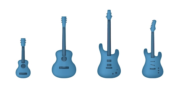 Ensemble De Guitares 3d Acoustiques Et électriques Bleues Isolées Sur Fond Blanc Illustration Vectorielle