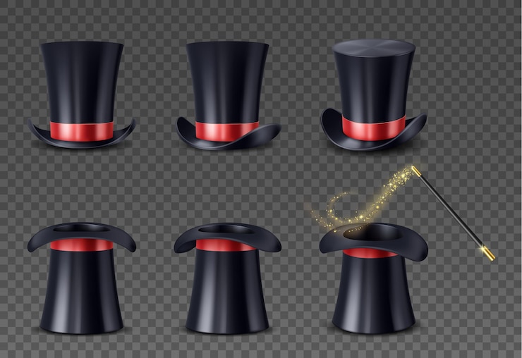Vecteur ensemble de haute casquette réaliste avec ruban rouge et baguette avec traînée d'étincelles. chapeau de magicien et bâton magique isolé sur fond transparent. équipement illusionniste. illustration vectorielle