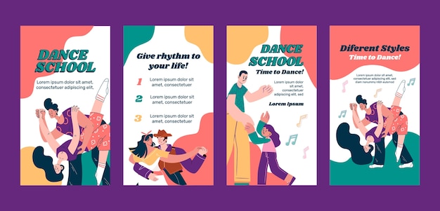 Ensemble d'histoires instagram d'école de danse dessinées à la main