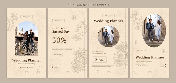 Vecteur ensemble d'histoires instagram de planificateur de mariage dessinés à la main