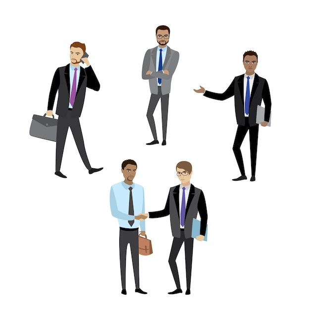 Ensemble d'homme d'affaires dans différentes poses isolé sur illustration vectorielle de fond blanc dessin animé