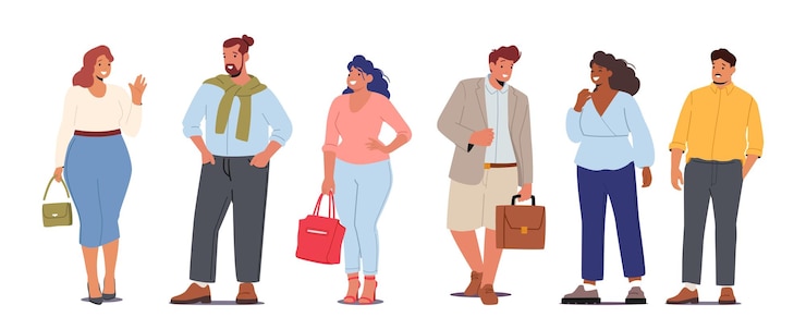 Vecteur ensemble d'hommes et de femmes modernes de grande taille, corps positif, personnes heureuses debout dans des tenues d'été à la mode