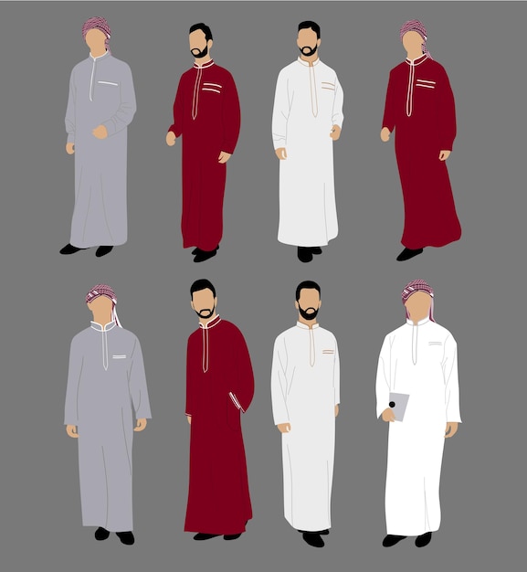 Vecteur ensemble d'hommes musulmans dans des vêtements arabes traditionnels