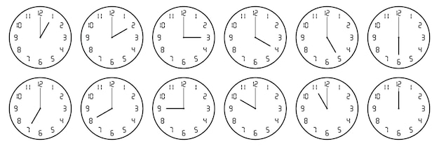 ensemble horizontal d'horloges analogiques avec une icône numérique indiquant chaque heure isolée sur blanc