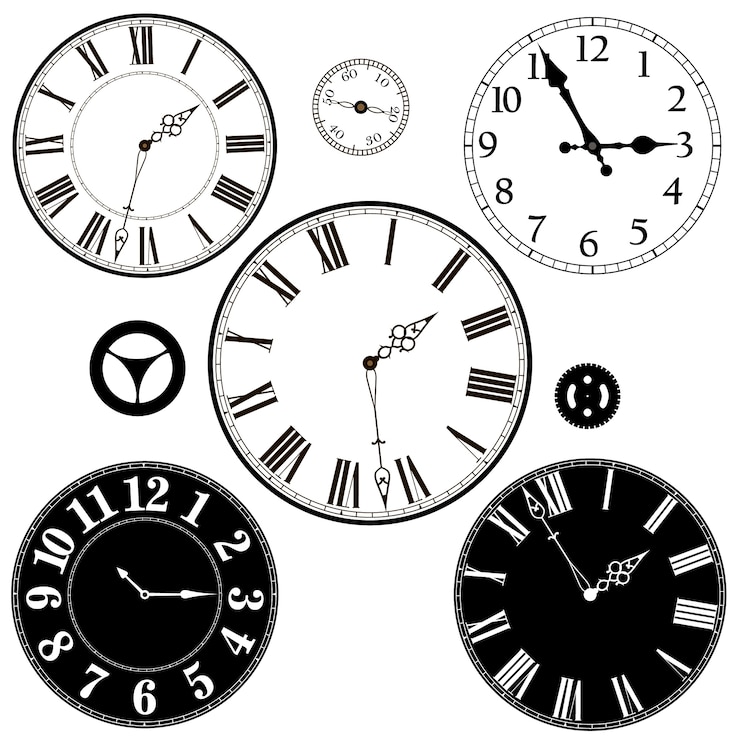 Vecteur ensemble d'horloges et de pièces modernes et rétro.