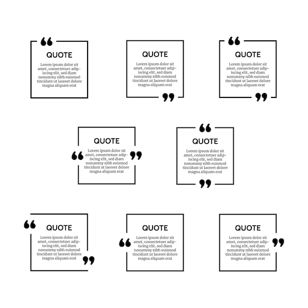 Vecteur ensemble de huit cadres de boîte de citation carré noir isolés sur fond blanc. illustration vectorielle