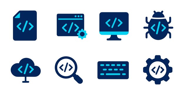 Ensemble de huit icônes de codage fichier moniteur de site Web bug nuage zoom clavier et équipement