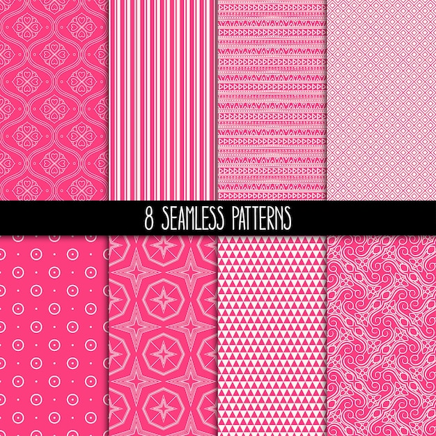 Ensemble de huit motifs roses ornementaux différents. Ornements ethniques floraux et géométriques