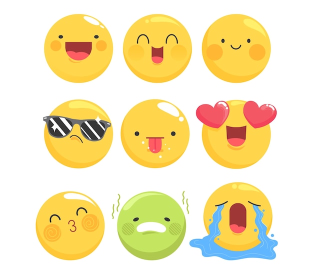 Vecteur un ensemble de huit visages d'emoji jaunes montrant différentes émotions comme le bonheur, l'amour, le froid, la maladie et les pleurs.