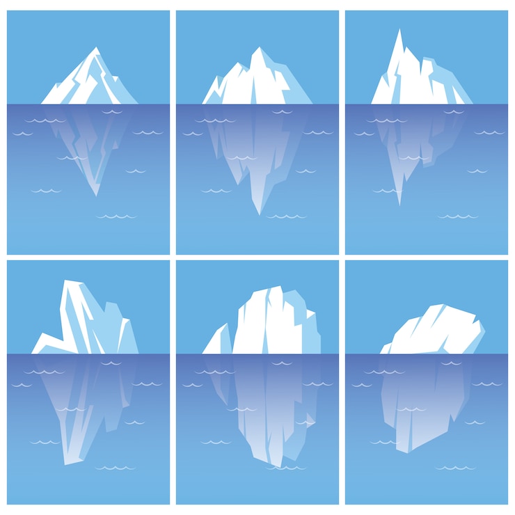Vecteur ensemble d'icebergs avec partie sous-marine. illustrations de style plat isolés sur fond blanc.