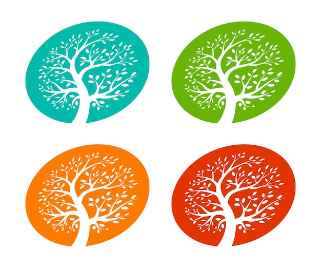 Ensemble D'icône De Cercle D'arbre En Perspective Création De Logo Emblème Eco Coloré Illustration Vectorielle