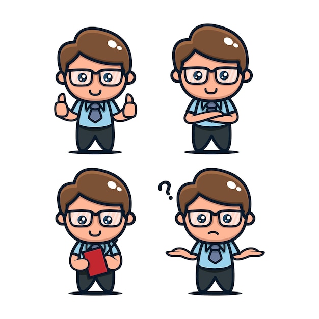 Vecteur ensemble d'icône de conception mascotte nerd geek mignon illustration