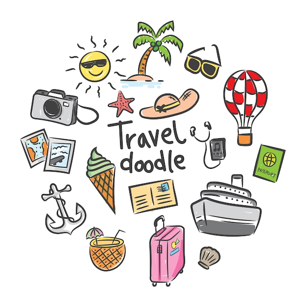 Ensemble D'icône De Voyage Dans Le Style De Doodle