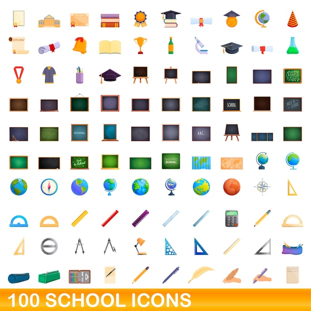 Ensemble d'icônes de 100 écoles. Bande dessinée illustration de 100 icônes de l'école ensemble de vecteurs isolé sur fond blanc