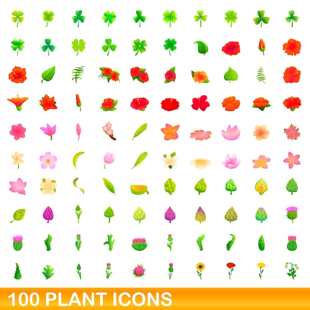 Ensemble D'icônes De 100 Plantes. Bande Dessinée Illustration De 100 Icônes De Plantes Isolées