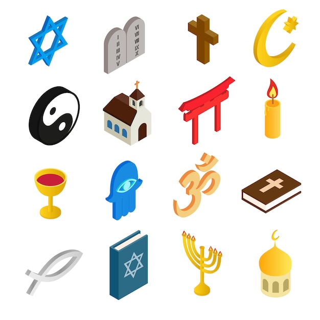 Vecteur ensemble d'icônes 3d religion isométrique