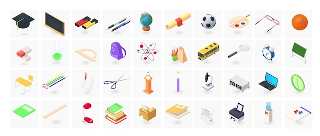 Ensemble d'icônes de l'académie Boutons 3d isométriques colorés pour la communication dans le chat Web Contient des éléments tels que la géographie, la chimie, la physique, la science, l'obtention du diplôme, le chapeau, le microscope, les connaissances, l'illustration vectorielle