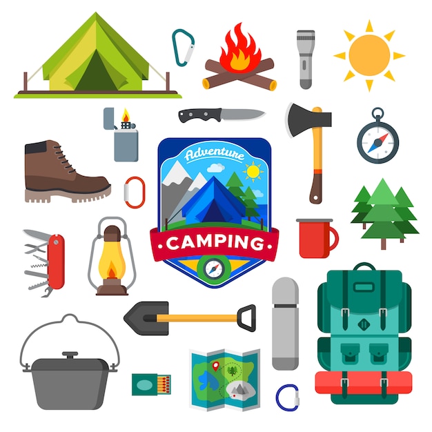 Ensemble d'icônes d'activités de plein air de camping. Collection d'équipement de camp de tourisme. Illustration isolée
