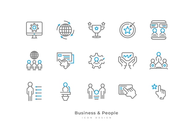 Vecteur ensemble d'icônes d'affaires et de personnes avec un style de ligne simple contient l'objectif de la tasse d'ordinateur ressources humaines structure des gens d'affaires et plus