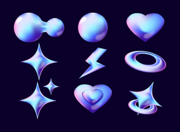 un ensemble d'icônes d'amour, d'éclatement de cœur, d'illustration 3D vectorielle dans un style d'hologramme moderne et de lumière vibrante