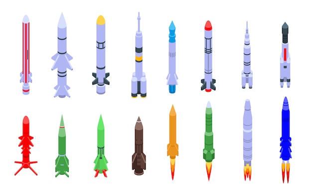 Vecteur ensemble d'icônes d'attaque de missiles, style isométrique