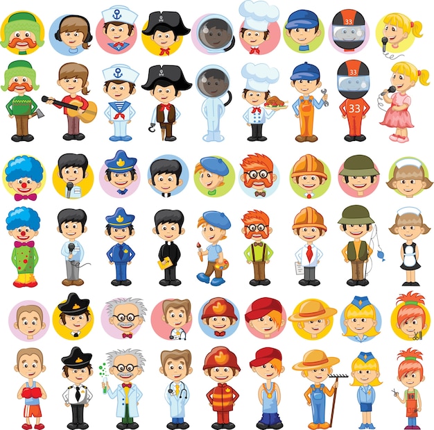 Ensemble d'icônes avatar personnage mignon de différentes professions en style cartoon