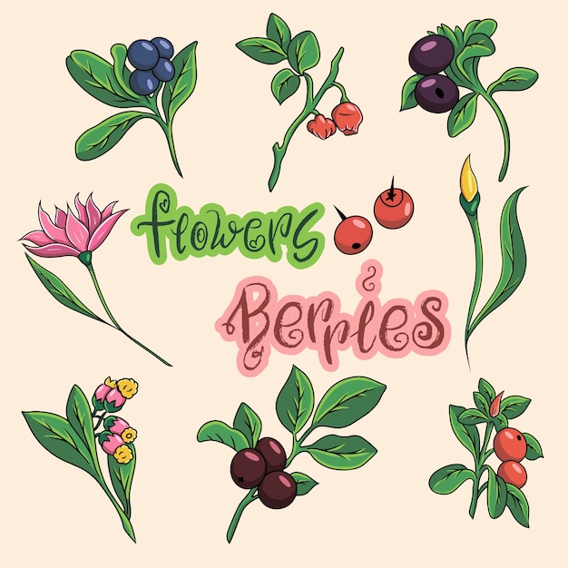 Ensemble D'icônes De Baies Et De Fleurs De Dessin Animé.