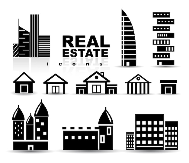 Ensemble D'icônes De Bâtiments De Maisons Immobilières Noires
