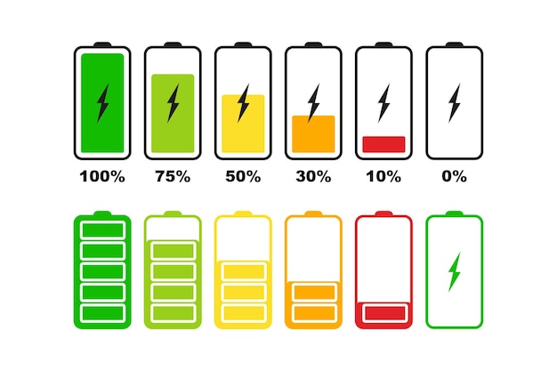 Vecteur ensemble d'icônes de batterie ensemble d'indicateurs de niveau de charge de la batterie définir la batterie avec un niveau de charge différent niveau d'énergie de la batterie smartphone à batterie déchargée et complètement chargée illustration vectorielle