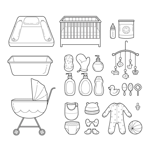 Vecteur ensemble d'icônes de bébé, icônes de contour, équipement pour bébé