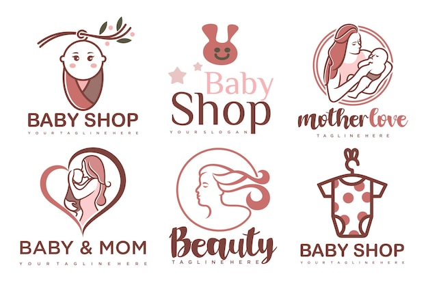 Ensemble D'icônes Bébé Et Mère Heureux Création De Logobadges Pour Enfants Magasin Centre De Soins Pour Bébésillustration