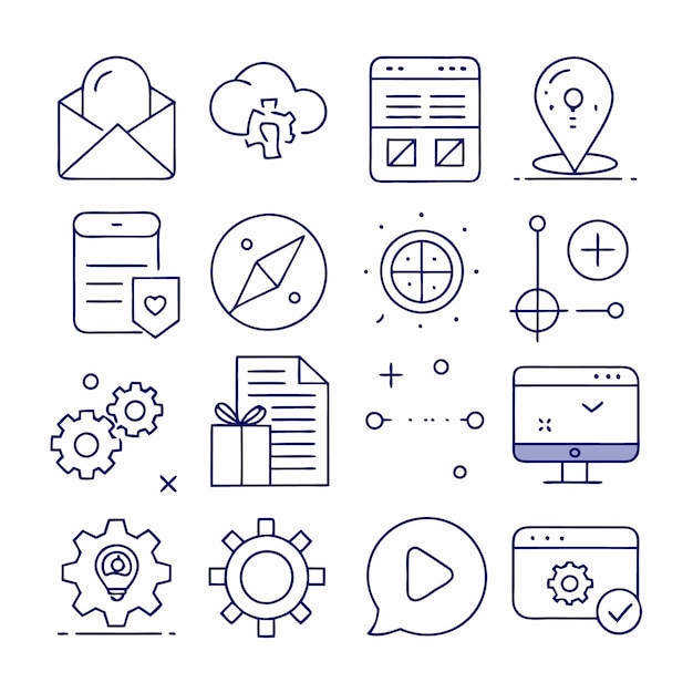 Ensemble d'icônes bleues à lignes minces pour une application Web de technologie d'affaires