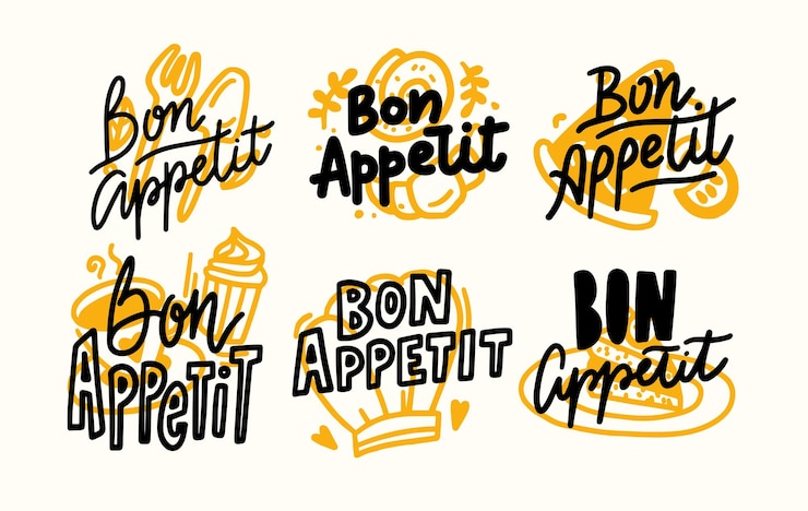Vecteur ensemble d'icônes bon appétit lettrage, affiche de nourriture écrite avec des éléments de conception doodle, citations dessinées à la main, impression pour menu