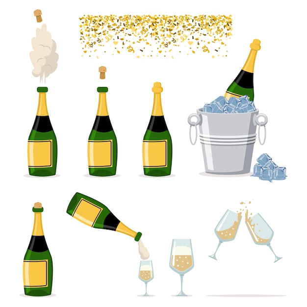 Vecteur ensemble d'icônes de bouteille de champagne