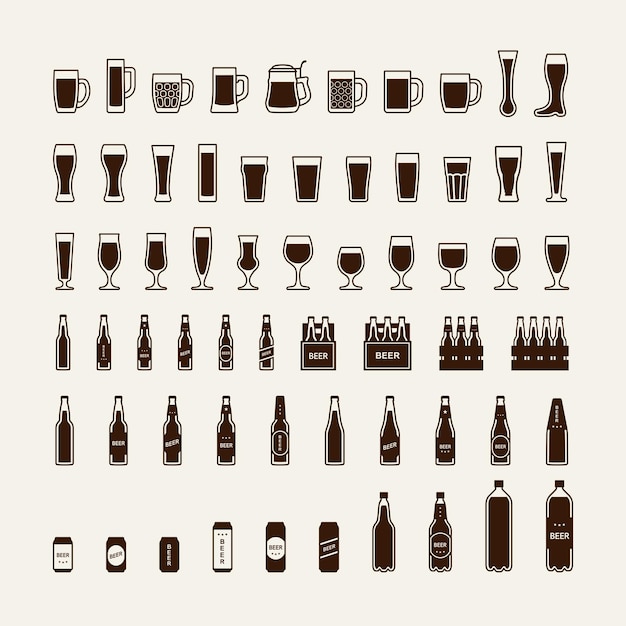 Ensemble D'icônes De Bouteilles Et De Verres à Bière. Illustration Vectorielle