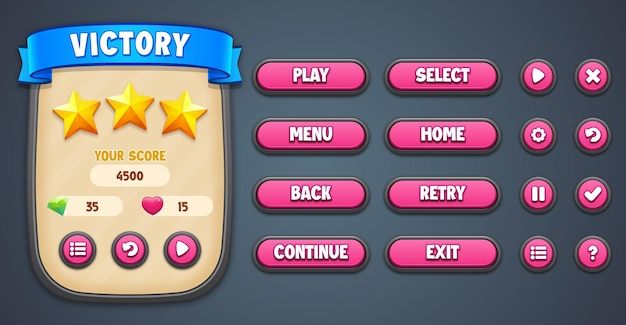 Ensemble d'icônes et de boutons pop-up du menu Victory avec effet de texte modifiable Kit d'interface utilisateur rose du jeu vectoriel