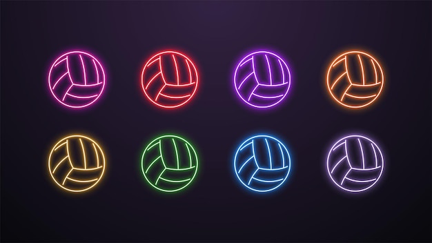 Vecteur un ensemble d'icônes brillantes et brillantes de balles de volley-ball dans les couleurs bleu jaune orange rouge vert blanc violet et rose sur un fond sombre logo sur le thème du sport