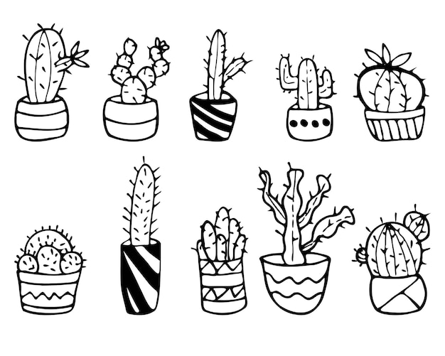 Ensemble D'icônes De Cactus En Pot. Plantes D'intérieur. Style De Griffonnage. Illustration Vectorielle. Un Ensemble De Cactus Pour Cartes Postales, Sites Web, Bannières, Logos.