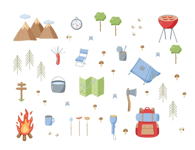 Ensemble d'icônes de camping Illustration vectorielle d'éléments de randonnée isolés sur le concept de logo de randonnée croquis blanc