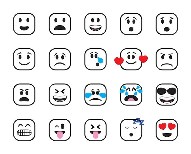 Ensemble D'icônes Carrées Chanfreinées Dans Différentes émotions Et Humeurs