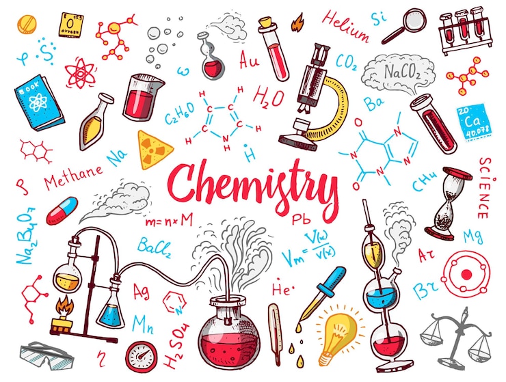 Vecteur ensemble d'icônes de chimie tableau noir avec des formules d'éléments tube à essai atomique et équipement de laboratoire espace de travail de laboratoire et réactions recherche enseignement des sciences médical gravé à la main