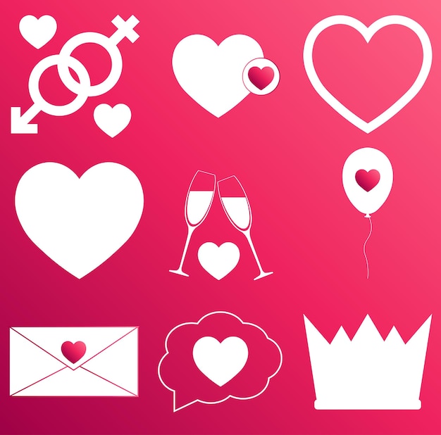 Ensemble d'icônes de coeur sur fond de couleur rose dégradé pour le concept d'amour de la Saint-Valentin