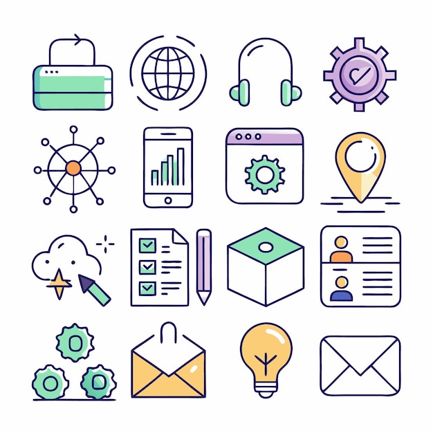 Un ensemble d'icônes colorées représentant divers aspects de la communication et des affaires technologiques modernes