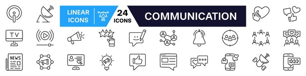Ensemble d'icônes de communication Symbole des médias sociaux Style linéaire