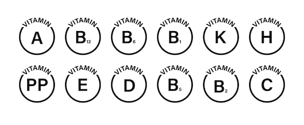 Ensemble D'icônes Complexes De Vitamines Principales Isolées Sur Fond. Illustration Vectorielle