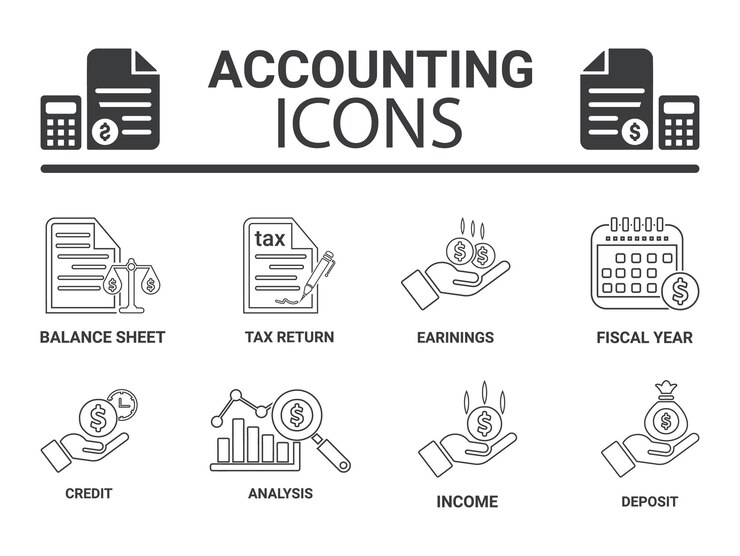 Vecteur ensemble d'icônes de comptabilité contient les états financiers, la facture d'audit financier du comptable