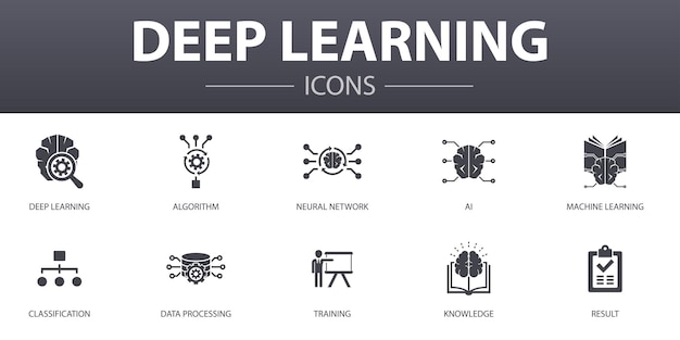 Ensemble D'icônes De Concept Simple D'apprentissage En Profondeur. Contient Des Icônes Telles Que L'algorithme, Le Réseau Neuronal, L'ia, L'apprentissage Automatique Et Plus Encore, Pouvant être Utilisées Pour Le Web, Le Logo, L'interface Utilisateur/ux