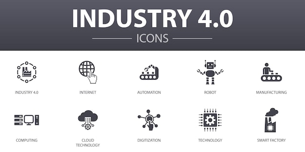 Ensemble d'icônes de concept simple de l'industrie 4.0. Contient des icônes telles qu'Internet, l'automatisation, la fabrication, l'informatique et plus encore, pouvant être utilisées pour le Web, le logo, l'UI/UX